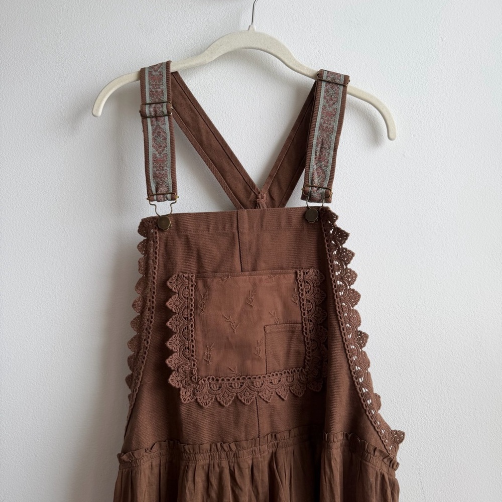 Free People Trails End Skirtall Lace Crochet Overalls Maxi Dress Size XL Brown - Picture 3 of 6